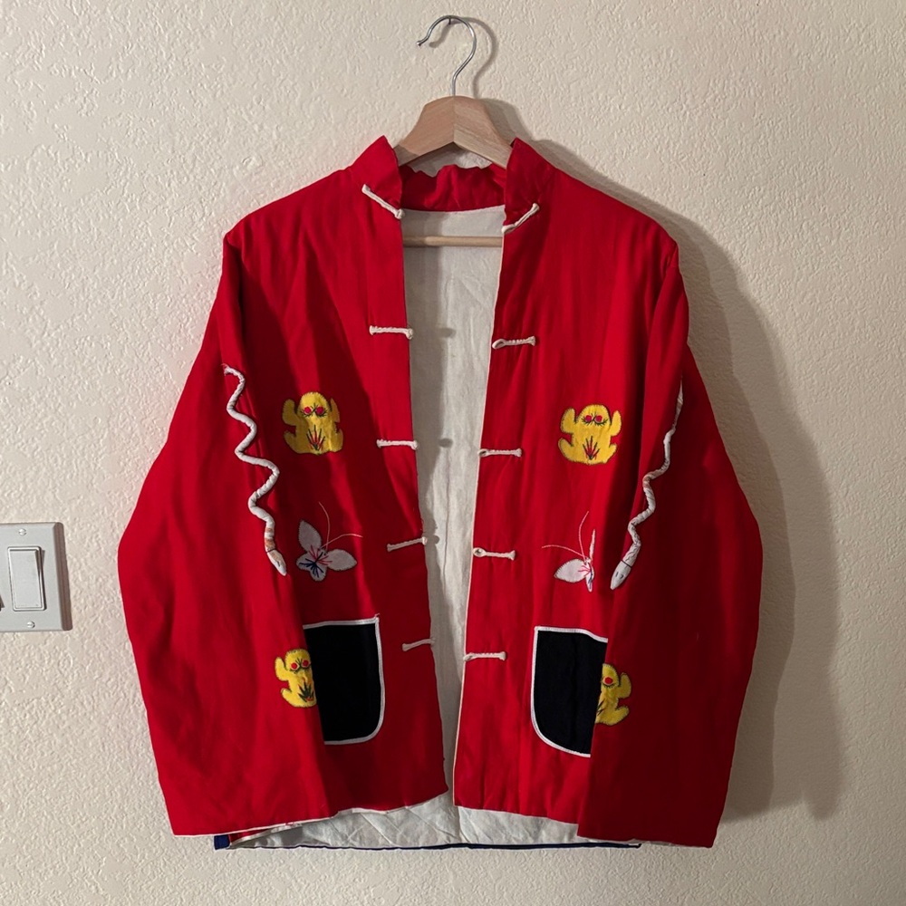 Vintage Red Quilted Jacket with Frog and Snake Details